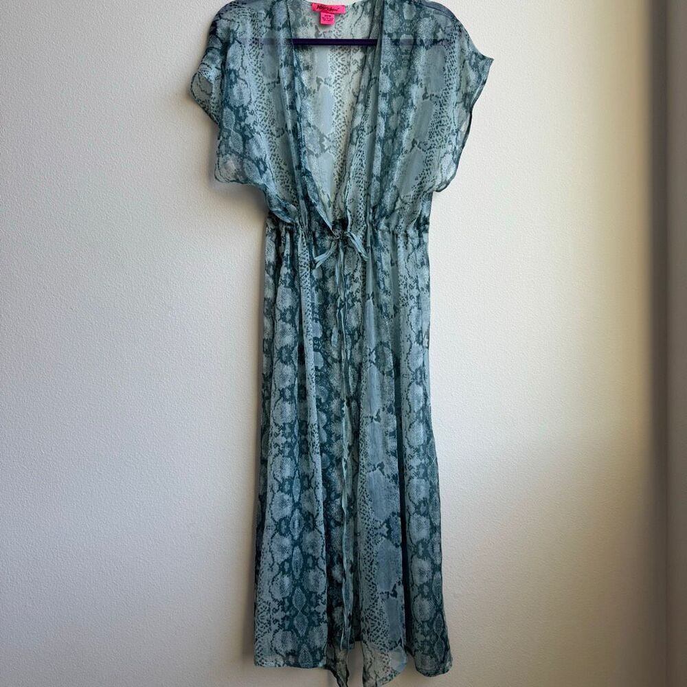 Betsey Johnson Sheer Tie Front Coastal Kimono Animal Print OS Green Beach Cover